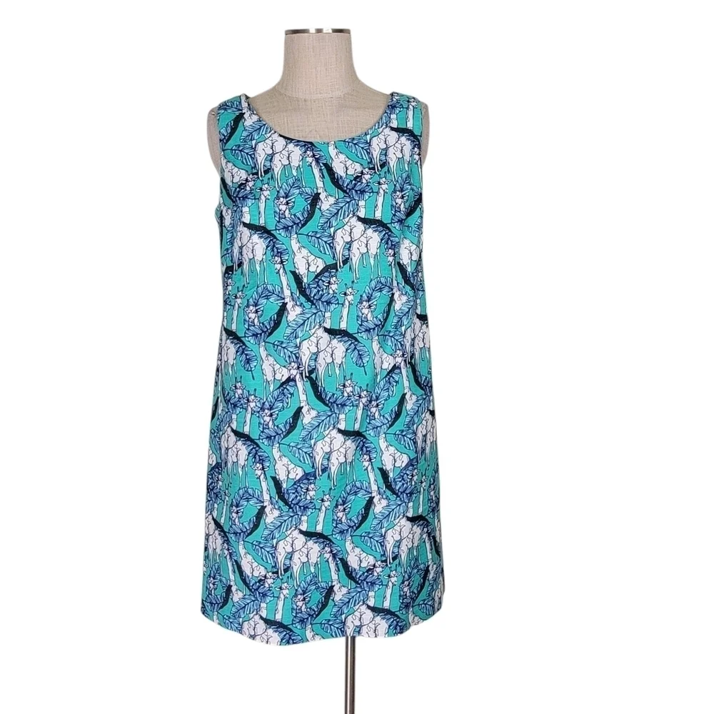 Talbots Shift Dress Size 10 Giraffe Leaves Print Sleeveless Cotton Blend A Line - Picture 3 of 10